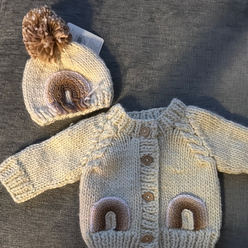 Cream Knit Baby Cardigan and Hat Set